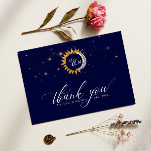 Cartão De Agradecimento Marinho Elegante de Sol e Lua Azul