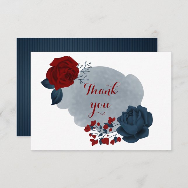 Cartão De Agradecimento marinho elegante e floral vermelho (Frente/Verso)