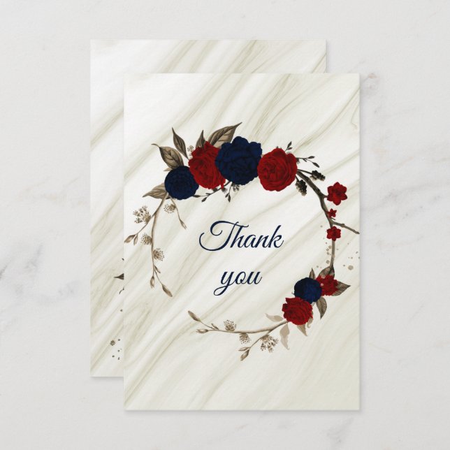 Cartão De Agradecimento marinho elegante e flores vermelhas botânicas (Frente/Verso)