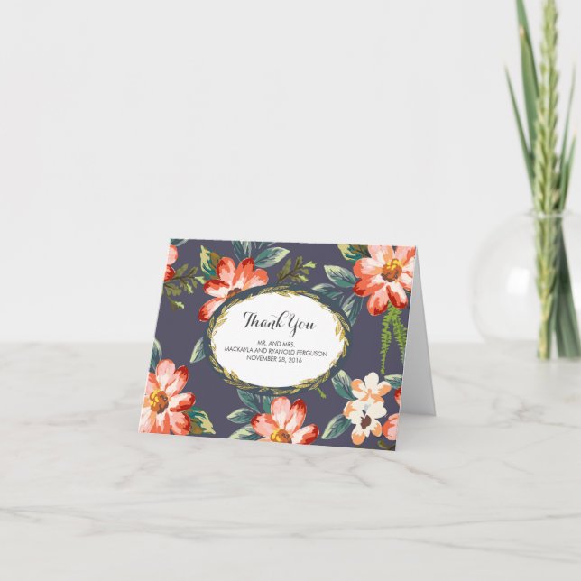 Cartão De Agradecimento marinho floral - obrigado de casamento dourado (Frente)