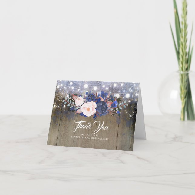 Cartão De Agradecimento Marinho Floral Rustic Weding Obrigado (Frente)