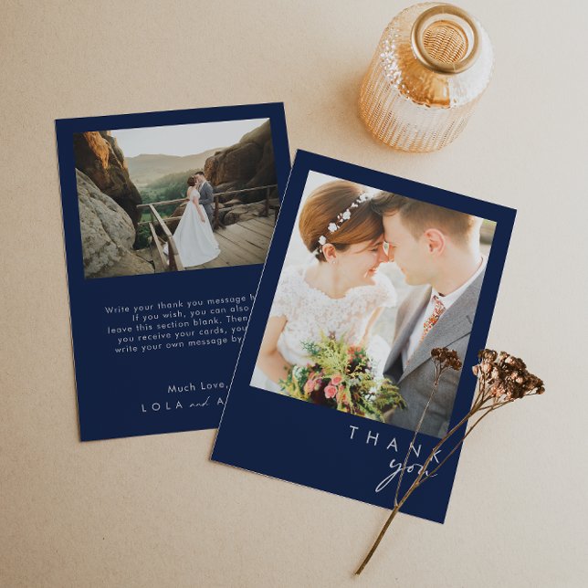 Cartão De Agradecimento Marinho mínimo moderno azul | Foto plana prateada (Criador carregado)