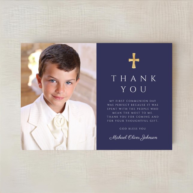 Cartão De Agradecimento Marinho Moderno Blue Cross Boy Foto Primeira Comun (Modern Navy Blue Cross Boy Photo First Communion Thank You Card)