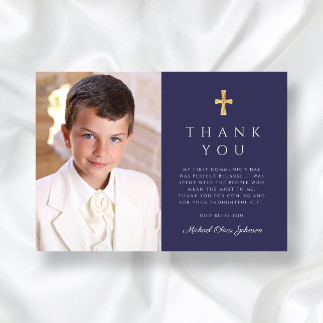 Cartão De Agradecimento Marinho Moderno Blue Cross Boy Foto Primeira Comun (Modern Navy Blue Cross Boy Photo First Communion Thank You Card)