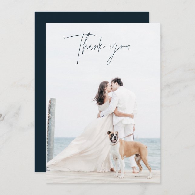 Cartão De Agradecimento Marinho Moderno Casamento Azul Foto Obrigado Cartõ (Frente/Verso)