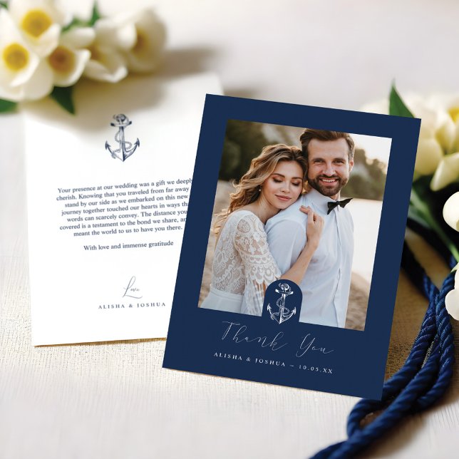 Cartão De Agradecimento Marinho Náutico Anchor e Foto Branca Obrigado (Anchor Nautical Navy & White Photo Thank You)