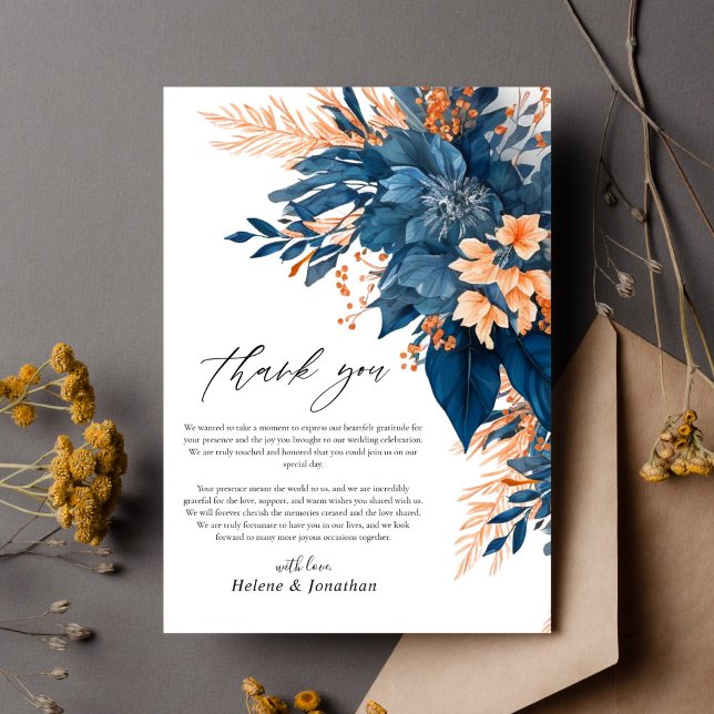 Cartão De Agradecimento Marinho Orange Rust Floral Elegante Casamento (Navy Orange Rust Floral Elegant Wedding Thank You Card)