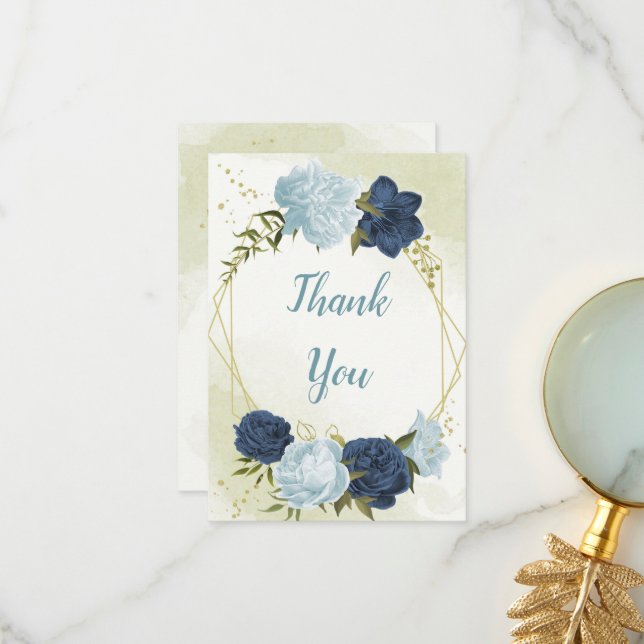 Cartão De Agradecimento marinho poeirento flores azuis folhas verdes casam (Frente/Verso In Situ)