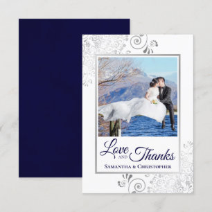 Cartão De Agradecimento Marinho Silver Lace sobre Amor Branco e Casamento