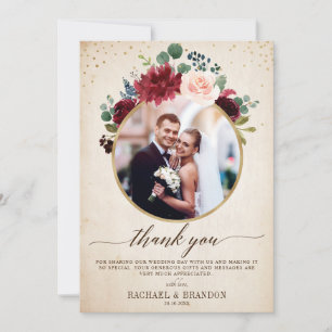 Cartão De Agradecimento Marinho Vermelho Floral Boho Foto de Casamento
