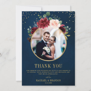 Cartão De Agradecimento Marinho Vermelho Floral Boho Foto de Casamento