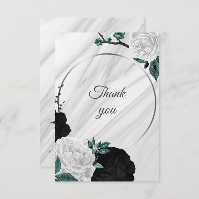 Cartão De Agradecimento mármore botânico preto branco e branco (Frente/Verso)