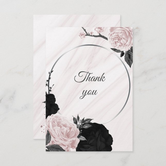 Cartão De Agradecimento mármore botânico preto-e-rosa-mole (Frente/Verso)