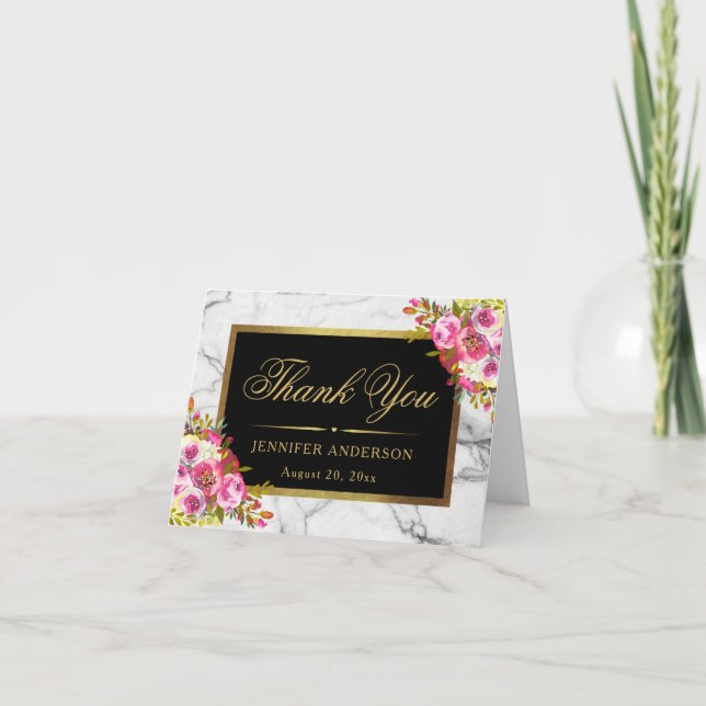 Cartão de Agradecimento Mármore Floral em Aquarela (Frente)