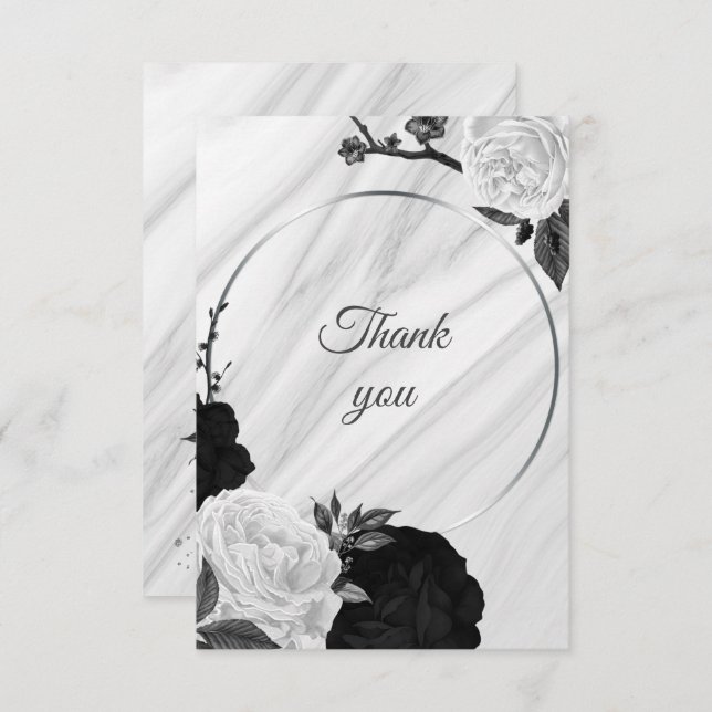 Cartão De Agradecimento mármore floral preto e branco (Frente/Verso)