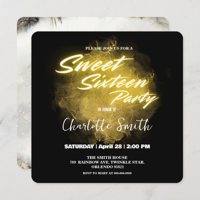 Cartão De Agradecimento Mármore-rosa-rosa-néon elegante 16.º aniversário (Frente/Verso)