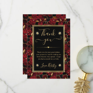 Cartão De Agradecimento Mármore Vermelho Preto e Dourado Floral Doce Dezes