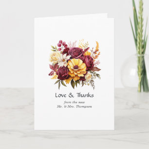Cartão De Agradecimento Maroon e Casamento Floral Amarelo