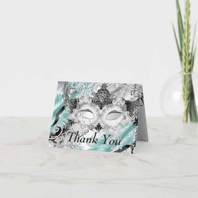 Cartão De Agradecimento Mascarada de Máscara de Teto Silver Sparkle Obriga (Frente)