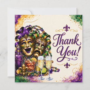 Cartão De Agradecimento Máscaras de Mardi Gras Roxo Verde Dourado Festa