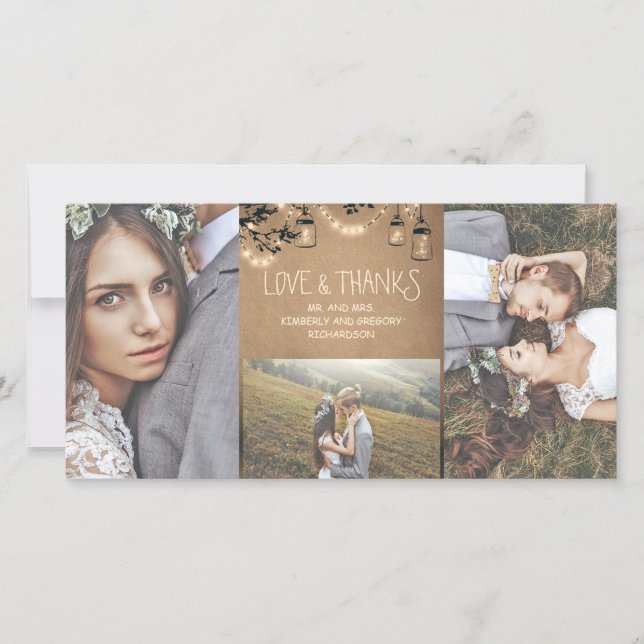 Cartão De Agradecimento Mason Jar Firefly Lights Rustic Weding Obrigado (Frente)