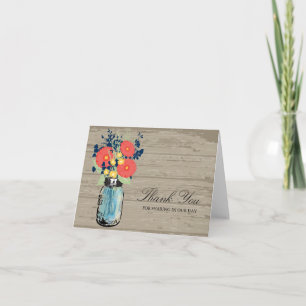 Cartão De Agradecimento Mason Jar Wood, Jardim Azul e Coral Casamento