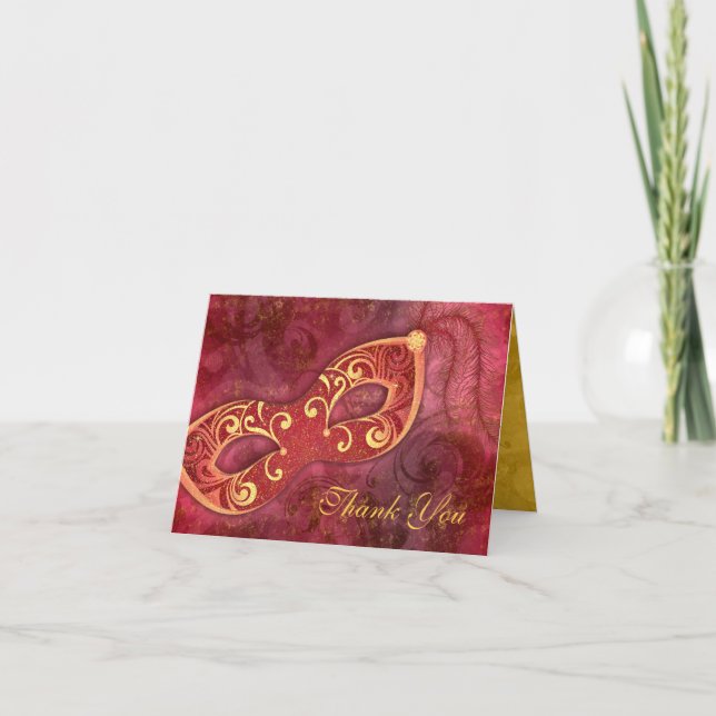 Cartão De Agradecimento Masquerade Ball Mask Burgundy Wedding Thank You (Frente)