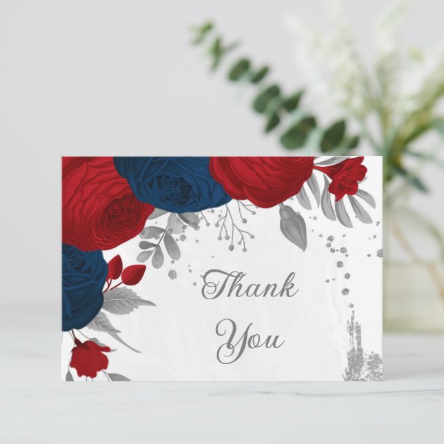 Cartão De Agradecimento matrimônio botânico de prata vermelho-escuro e flo (Em pé/Frente)