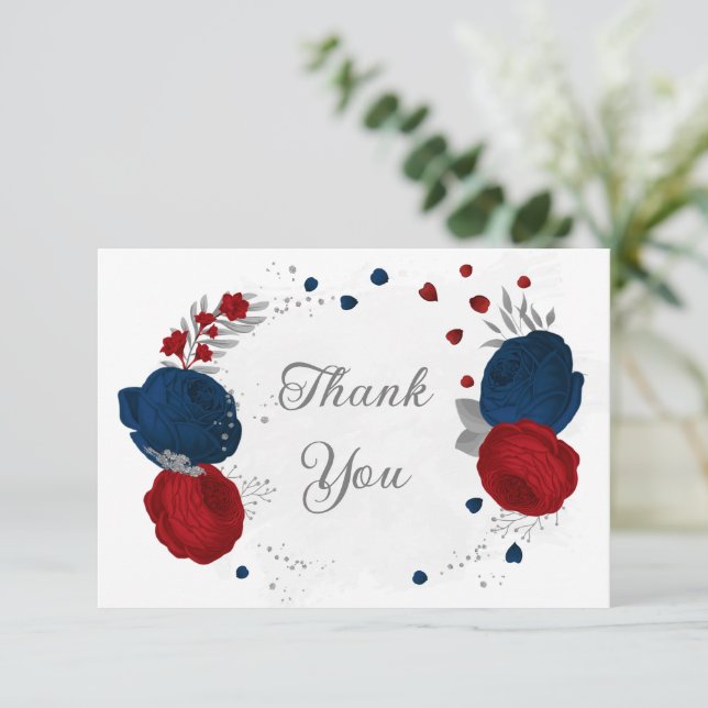 Cartão De Agradecimento matrimônio botânico de prata vermelho-escuro e flo (Em pé/Frente)