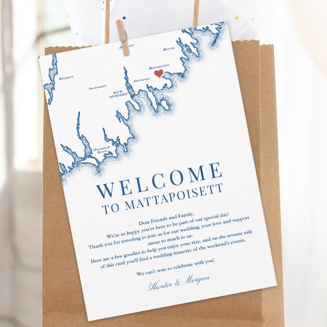 Cartão De Agradecimento Mattapoisett MA Wedding Welcome Letter Navy Blue (Mattapoisett Wedding Welcome Letter, Weekend Events Itinerary elegant Navy Blue, Coastal Map Designs)