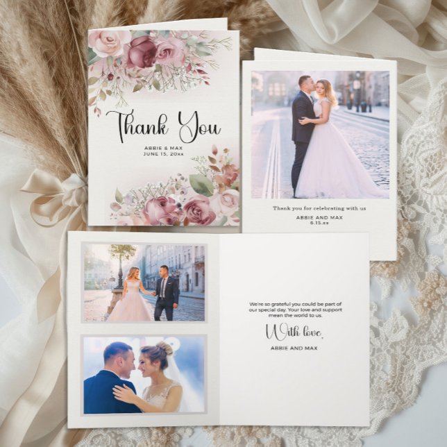 Cartão De Agradecimento Mauve Blush Floral 3-Photo Wedding (Mauve and rose gold folded wedding photo thank you card)