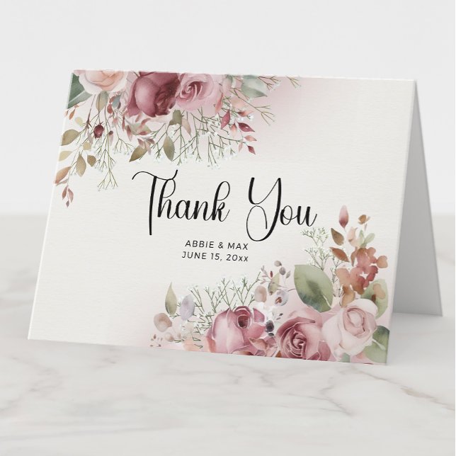 Cartão De Agradecimento Mauve Blush Floral 4-Photo Wedding (Elegant mauve and blush rose wedding thank you folded card personalized with 4 photos.)