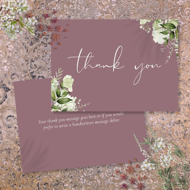 Cartão De Agradecimento Mauve Greenery Floral Elegante (Mauve Greenery Floral Elegant Script Thank You Card)