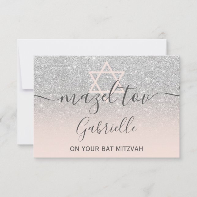Cartão De Agradecimento Mazel Tov prateado cor-de-rosa Bat Mitzvah (Frente)