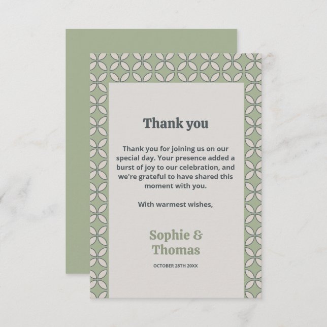 Cartão De Agradecimento Meio século Mod Retro Wedding Olive Green (Frente/Verso)