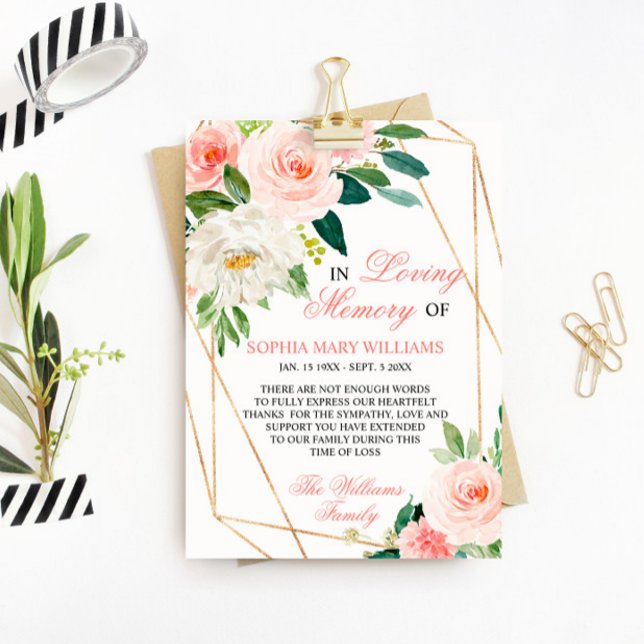 Cartão De Agradecimento Memória de simpatia das Flores Rosa-Blush (Criador carregado)