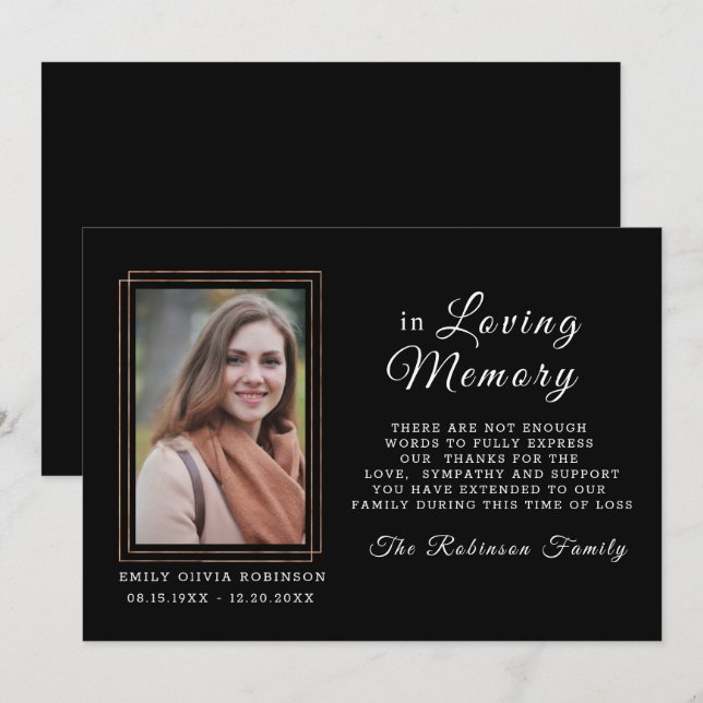 Cartão De Agradecimento  Memória de simpatia Preta Dourada OBRIGADA (Frente/Verso)