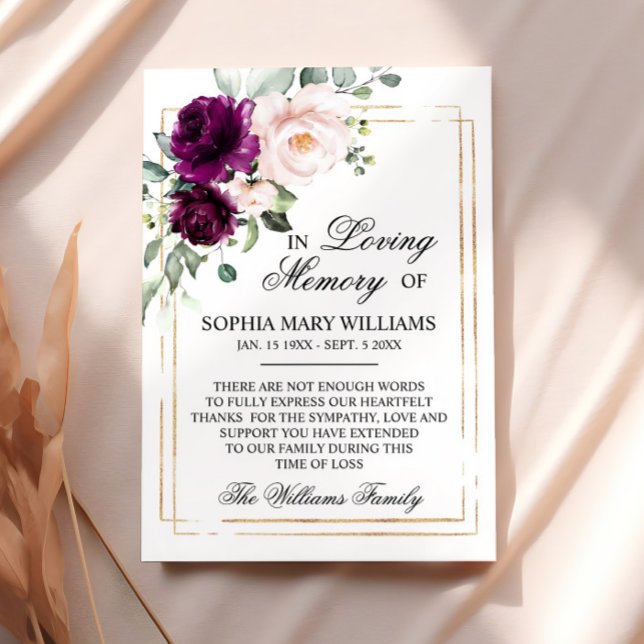 Cartão De Agradecimento Memória de Simpatia Rosa Rosa Púrpura e Rosa Rosa  (Criador carregado)