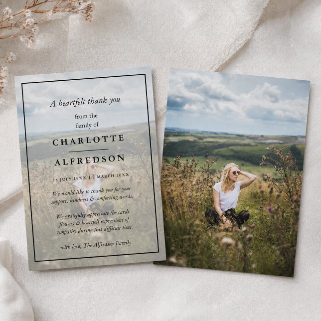 Cartão de Agradecimento Memorial | Agradecimento d (Personalized funeral thank you card with photo for sympathy flowers, support, and kindness.)
