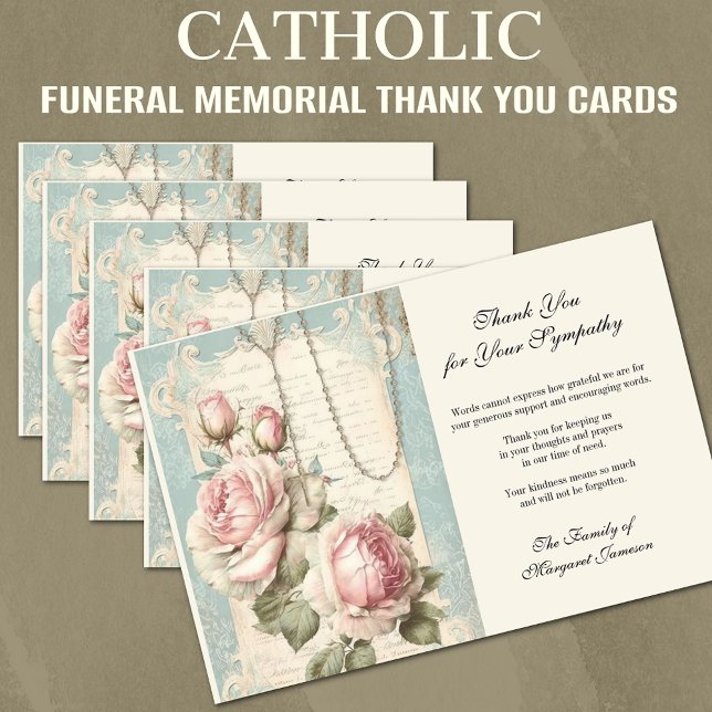 Cartão De Agradecimento Memorial católico funerário Rosário e Rosas (Traditional Catholic Funeral Memorial Cards with the Holy Rosary and Roses)