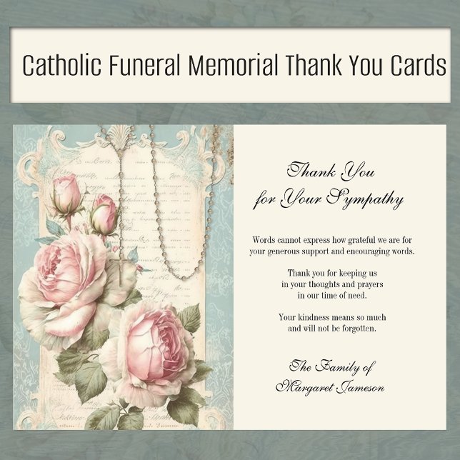 Cartão De Agradecimento Memorial católico funerário Rosário e Rosas (Traditional Catholic Holy Rosary Funeral Memorial Thank You Cards)