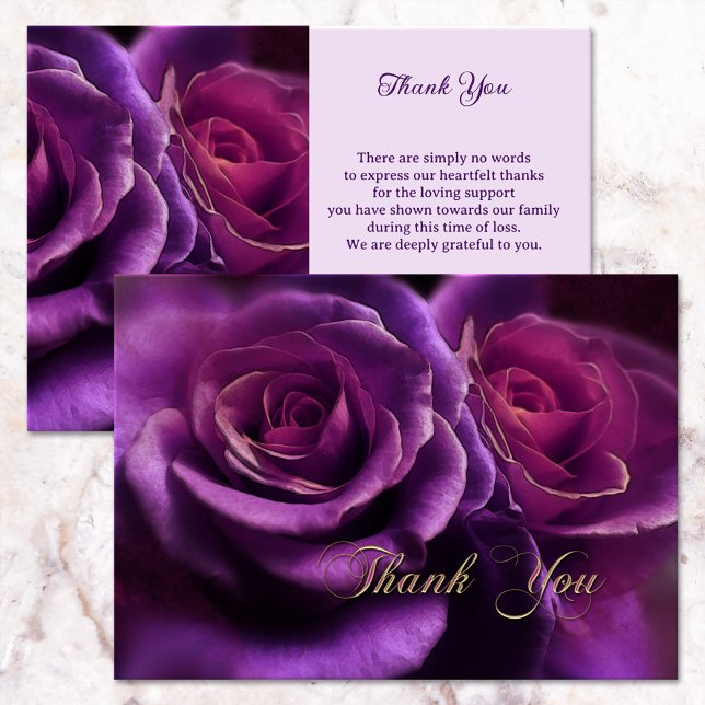 Cartão De Agradecimento Memorial de Simpatia por Rosas Roxos (Sympathy Thank You card featuring an elegant purple rose with an optional gold Thank You script text)