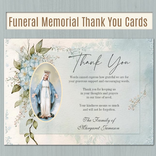 Cartão De Agradecimento Memorial do Funeral Católico Bendê Virgem Maria (Traditional Catholic Blessed Virgin Mary Floral Funeral Thank you Cards)
