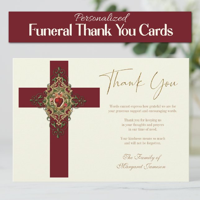 Cartão De Agradecimento Memorial do Funeral Cruzado Católico Sagrado (Traditional Catholic Sacred Heart of Jesus Funeral Thank you Condolence Cards)