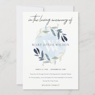 CARTÃO DE AGRADECIMENTO MEMORIAL DOURADO DE FOLIAGEM AZUL DE AQUA