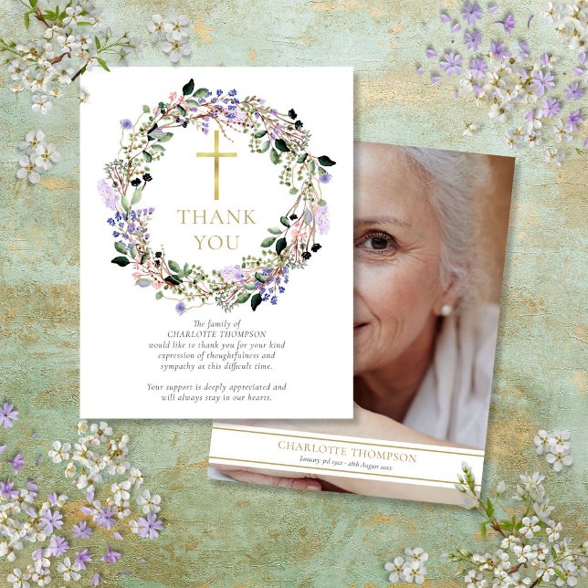 Cartão De Agradecimento Memorial Fúnebre Floral Lavanda Foto Cristã (Funeral Memorial Lavender Floral Christian Photo Thank You Card)