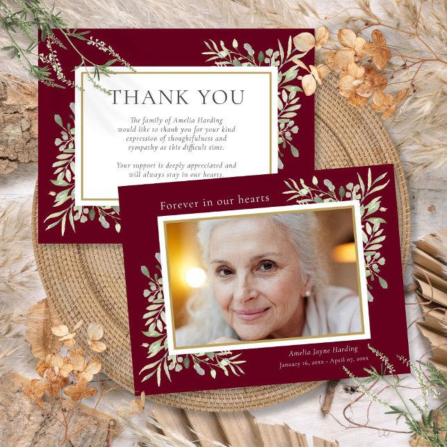Cartão De Agradecimento Memorial Funeral Greenery Burgundy Foto (Funeral Memorial Greenery Burgundy Photo Thank You Card)