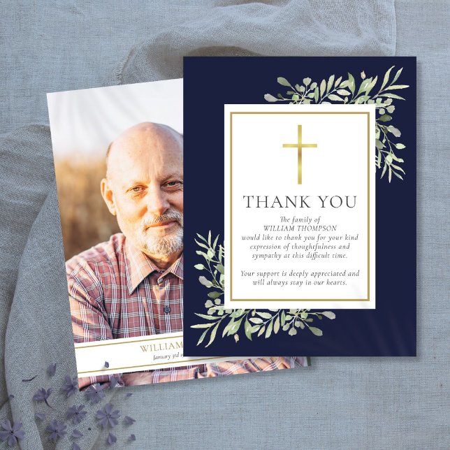 Cartão De Agradecimento Memorial Funeral Greenery Foto Cristã (Funeral Memorial Greenery Christian Photo Thank You Card)