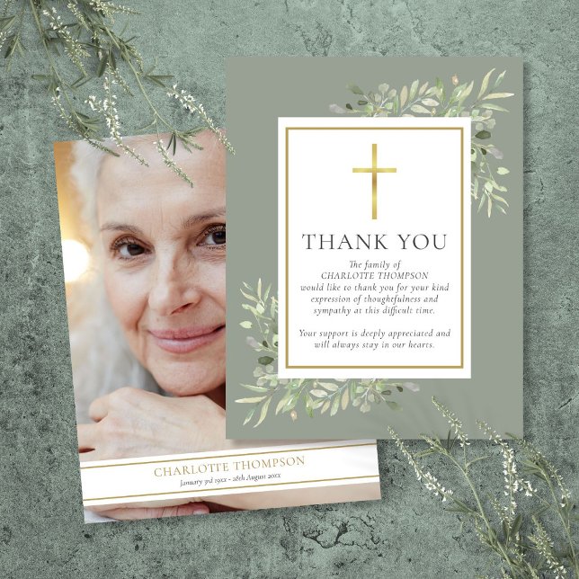 Cartão De Agradecimento Memorial Funeral Greenery Foto Cristã (Funeral Memorial Greenery Christian Photo Thank You Card)