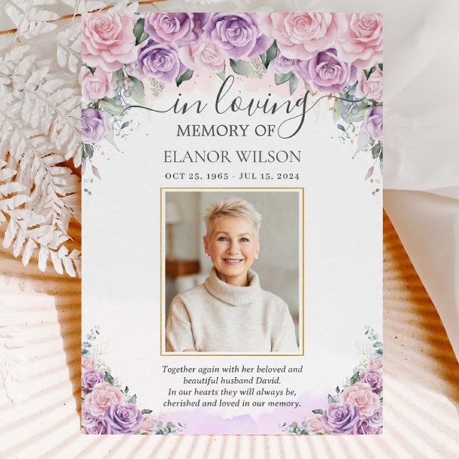 Cartão De Agradecimento Memorial Funeral Lilac Floral Rosa Púrpura (light-pale-pink-purple-lilac-roses-flowers-floral-photograph-funeral-thank-you-cards-printed)